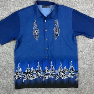 Odo Shirt Mens XXL Blue Tribal‎ Flame Button Up Short Sleeve Casual Graphic